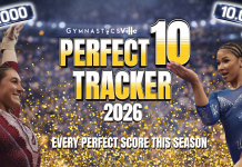 NCAA gymnastics perfect 10 tracker 2026 season - scoreboard showing 10.0
