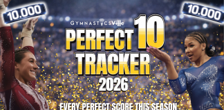 NCAA gymnastics perfect 10 tracker 2026 season - scoreboard showing 10.0