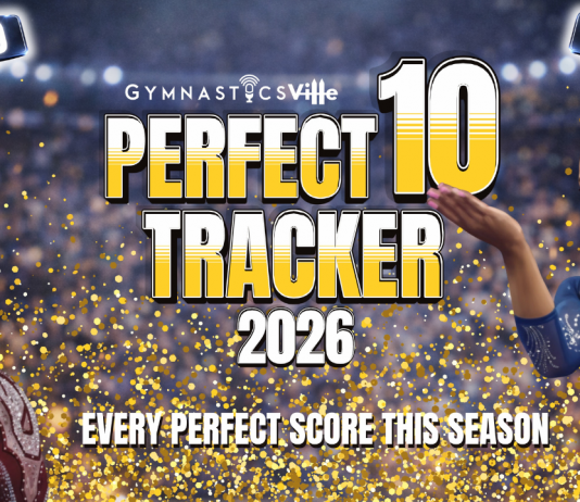 NCAA gymnastics perfect 10 tracker 2026 season - scoreboard showing 10.0