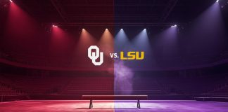 No. 1 Oklahoma Sooners vs No. 2 LSU Tigers gymnastics meet February 20, 2026 at Lloyd Noble Center featuring split-screen arena with balance beam
