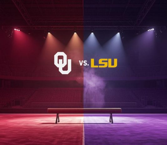 Oklahoma vs LSU Gymnastics Preview: No. 1 Sooners Host No. 2 Tigers in Battle of SEC Titans No. 1 Oklahoma Sooners vs No. 2 LSU Tigers gymnastics meet February 20, 2026 at Lloyd Noble Center featuring split-screen arena with balance beam