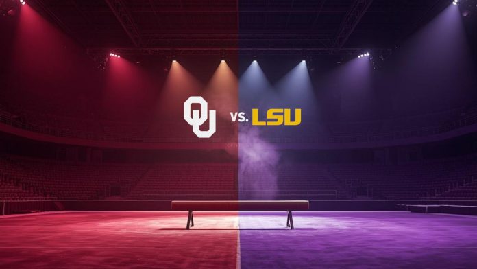 oklahoma-lsu-gymnastics-preview-feb-20-2026 No. 1 Oklahoma Sooners vs No. 2 LSU Tigers gymnastics meet February 20, 2026 at Lloyd Noble Center featuring split-screen arena with balance beam