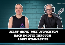 Mary-Anne Mez Monckton smiling on Back to Basics by GymnasticsVille podcast in her CAPTivate Adult Gymnastics shirt