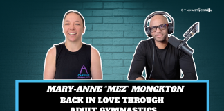 Mary-Anne Mez Monckton smiling on Back to Basics by GymnasticsVille podcast in her CAPTivate Adult Gymnastics shirt