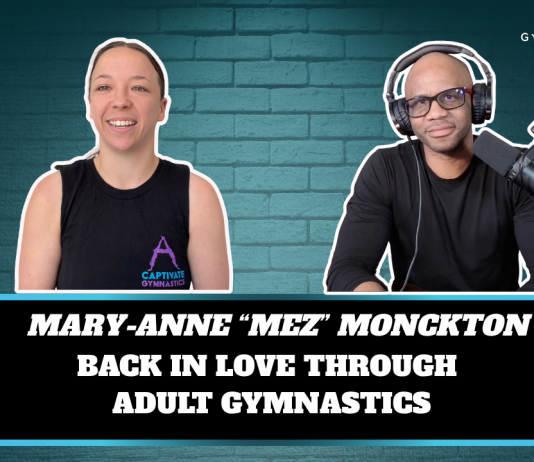 Mary-Anne Mez Monckton smiling on Back to Basics by GymnasticsVille podcast in her CAPTivate Adult Gymnastics shirt
