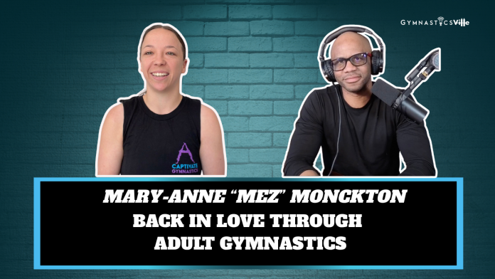 Mary-Anne Mez Monckton smiling on Back to Basics by GymnasticsVille podcast in her CAPTivate Adult Gymnastics shirt
