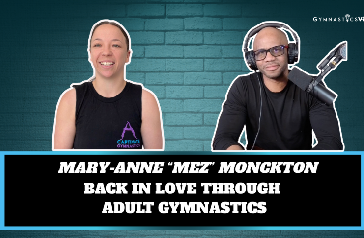 How Adult Gymnastics Brought Mary-Anne “Mez” Monckton Back to the Sport Mary-Anne Mez Monckton smiling on Back to Basics by GymnasticsVille podcast in her CAPTivate Adult Gymnastics shirt